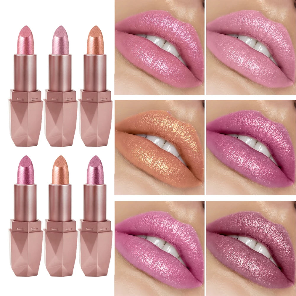 Polygon Metallic Lipstick Longlasting Glitter Orange Red Lip Glaze Waterproof Moisturize Luminous Shimmer Shiny Lipgloss Makeup