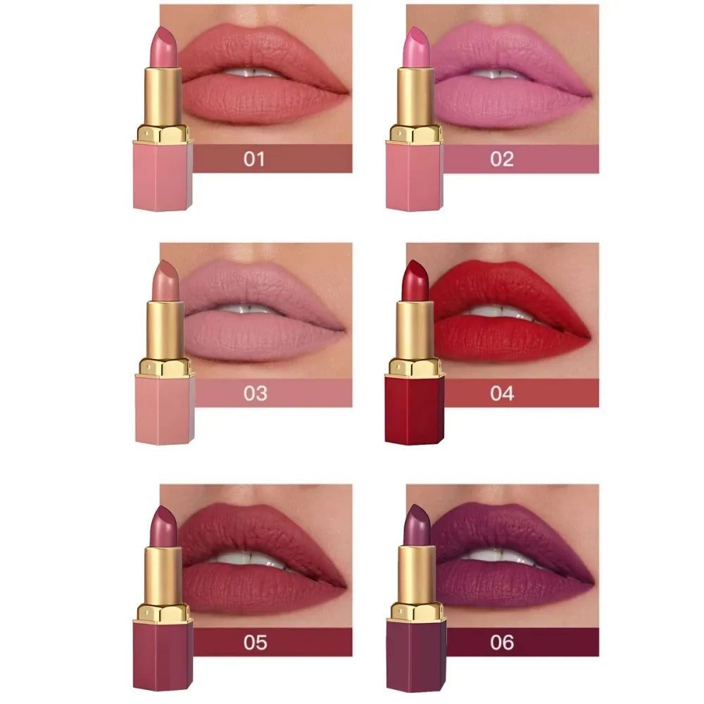 6-Color Matte Lipstick Set, Non-Fading, Non-Stick Cup Long-Lasting Velvet Finish, Smooth Matte Lip Color Waterproof Smudge-proof